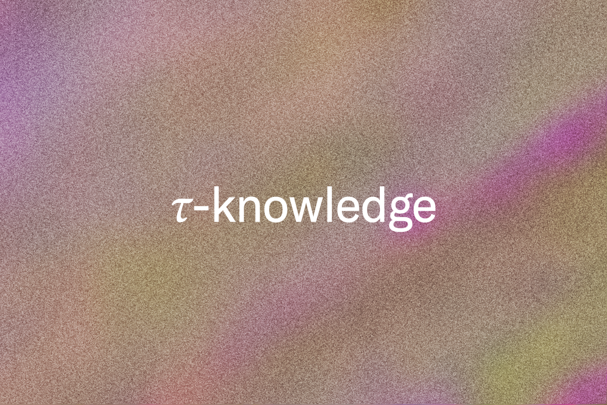 Text "τ-knowledge" in white, with a glowing 'e', against a grainy, abstract background of shifting pink, purple, and green tones.
