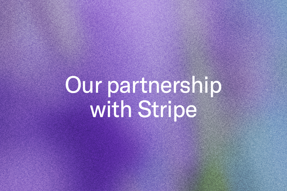 Our partnership with Stripe on a blurred purple and blue background