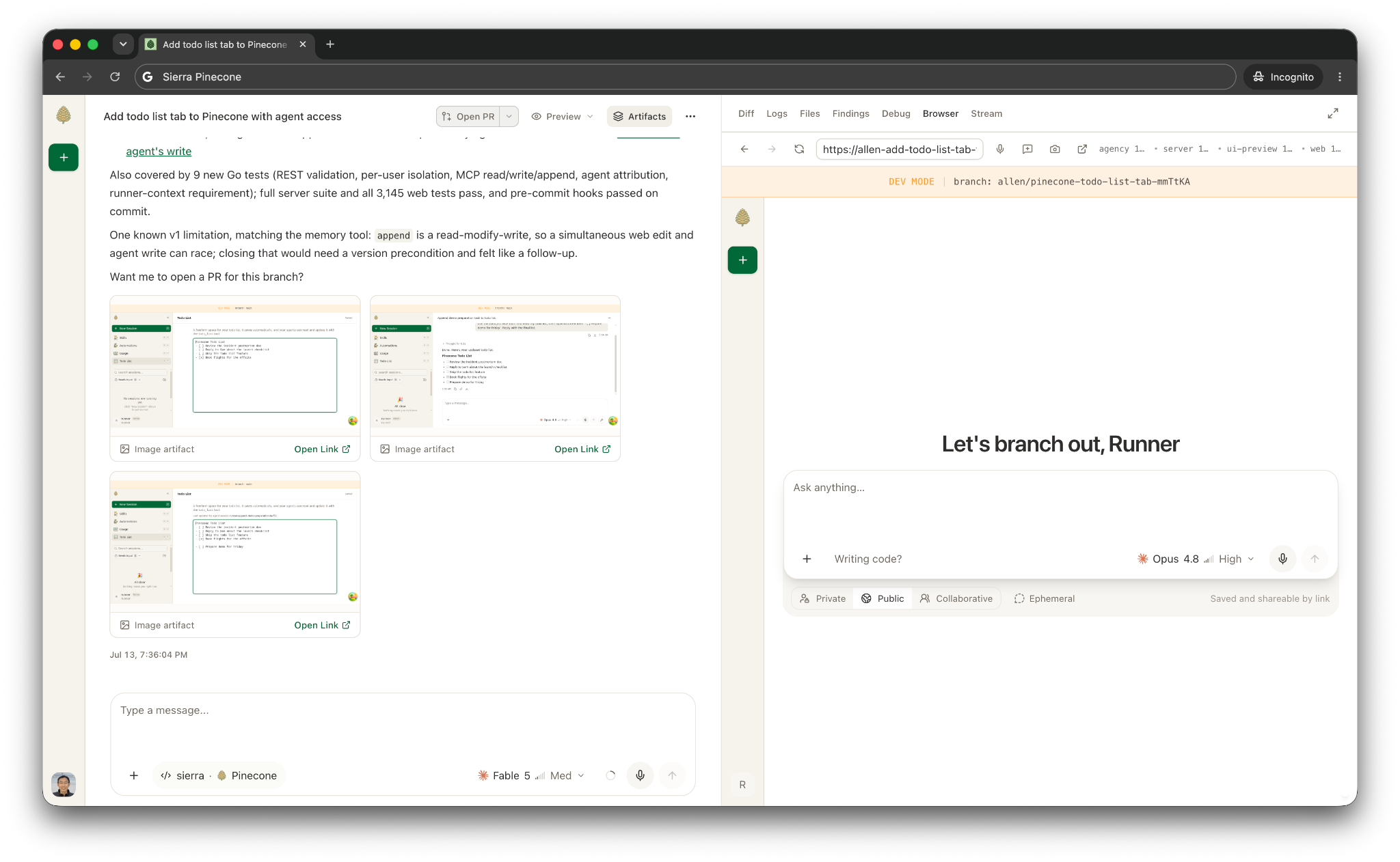 Screenshot of a Pinecone agent creating a todo list on the left side, with a prompt screen on the right side that says "Let's branch out, Runner"