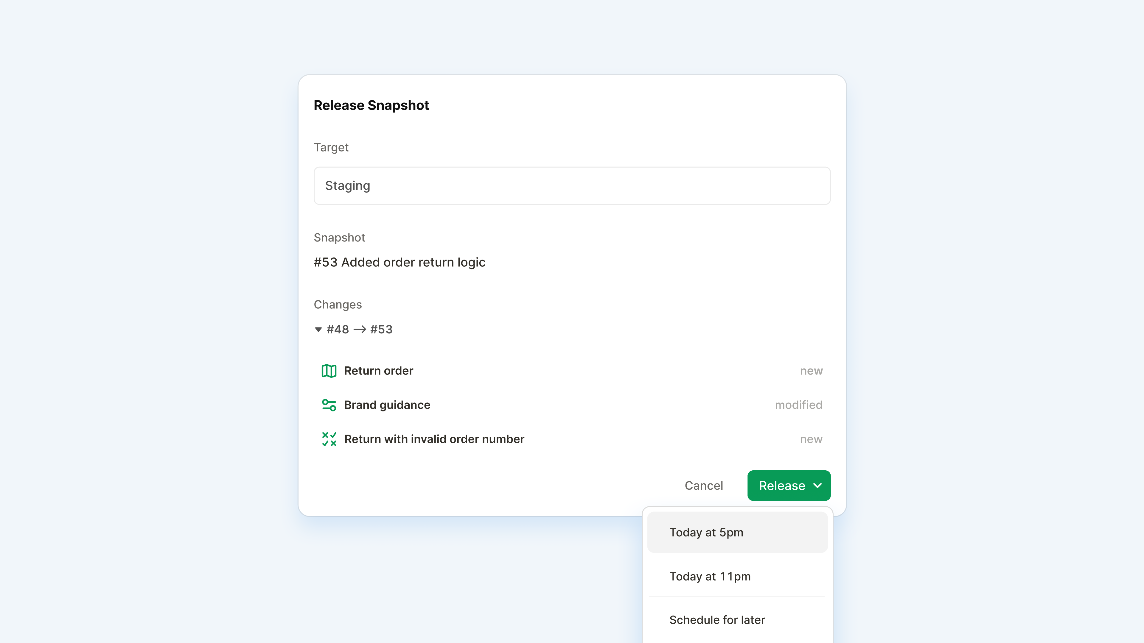 A "Release Snapshot" dialog box displaying release details and an open dropdown menu to schedule the release.