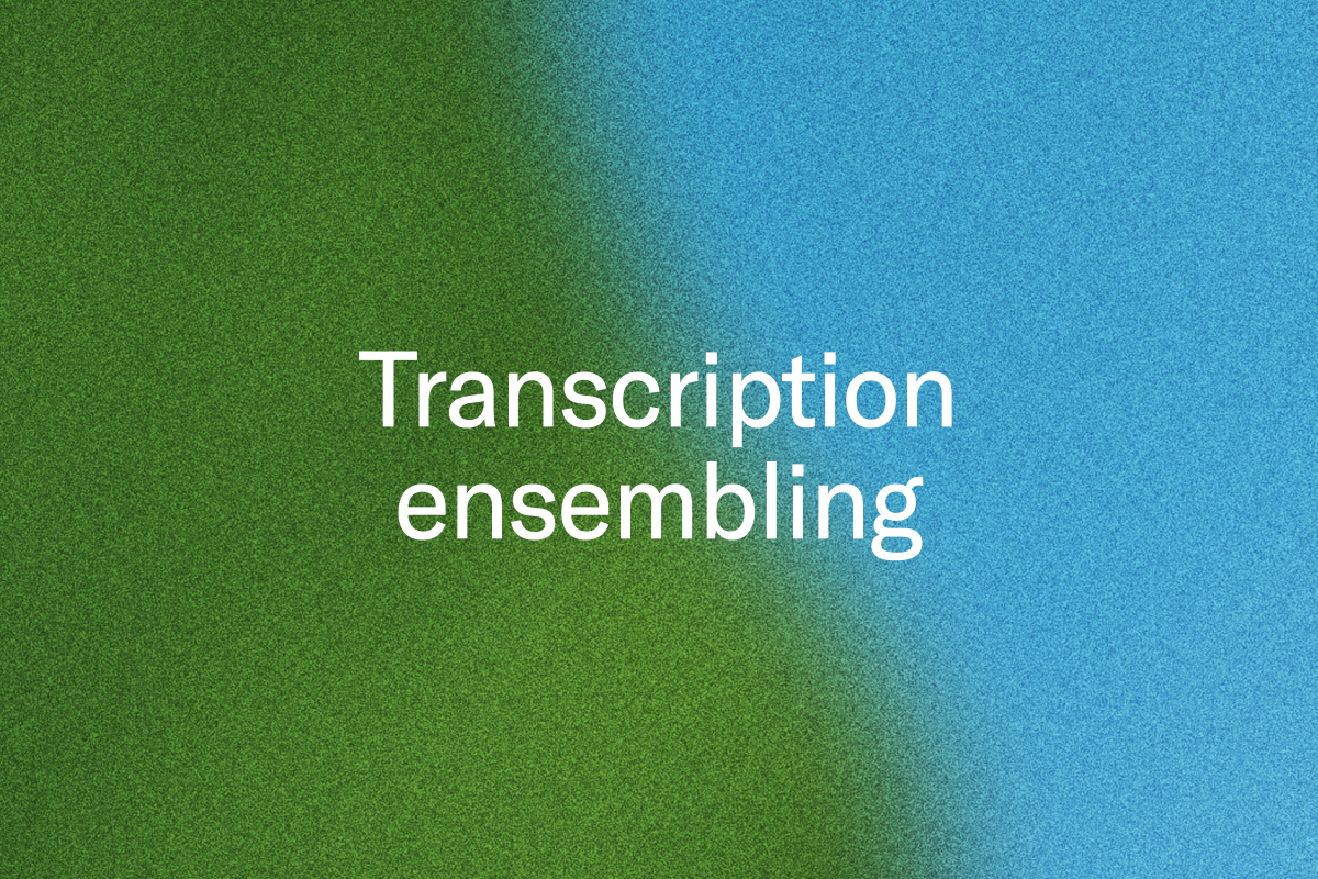 White text "Transcription ensembling" on a grainy green and blue split background.