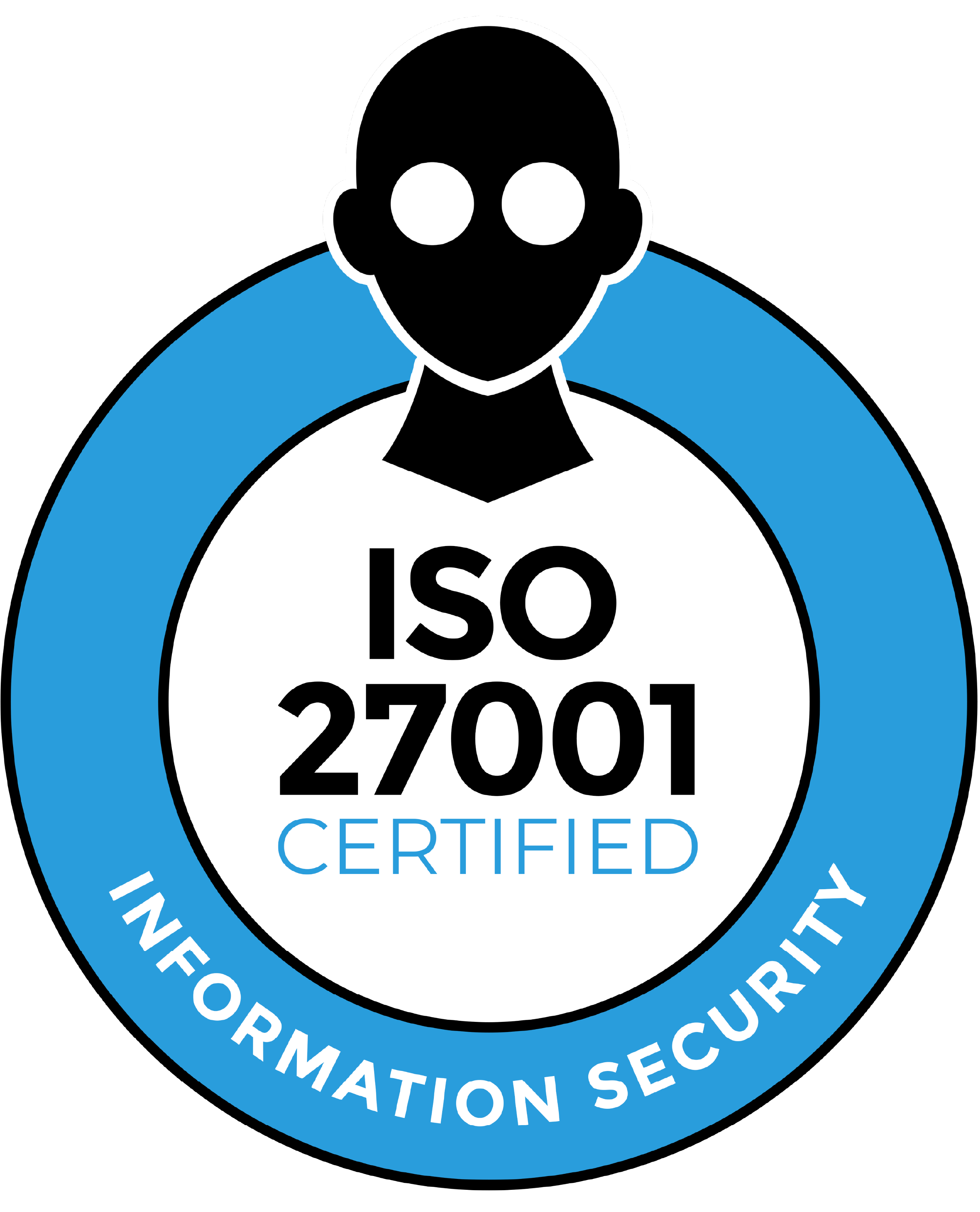 ISO 27001 Certified Information Security badge with a person icon.