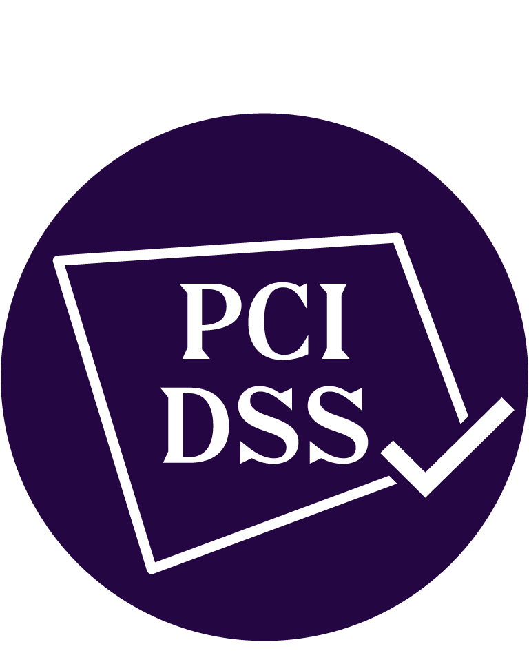 PCI DSS logo with checkmark on purple background.
