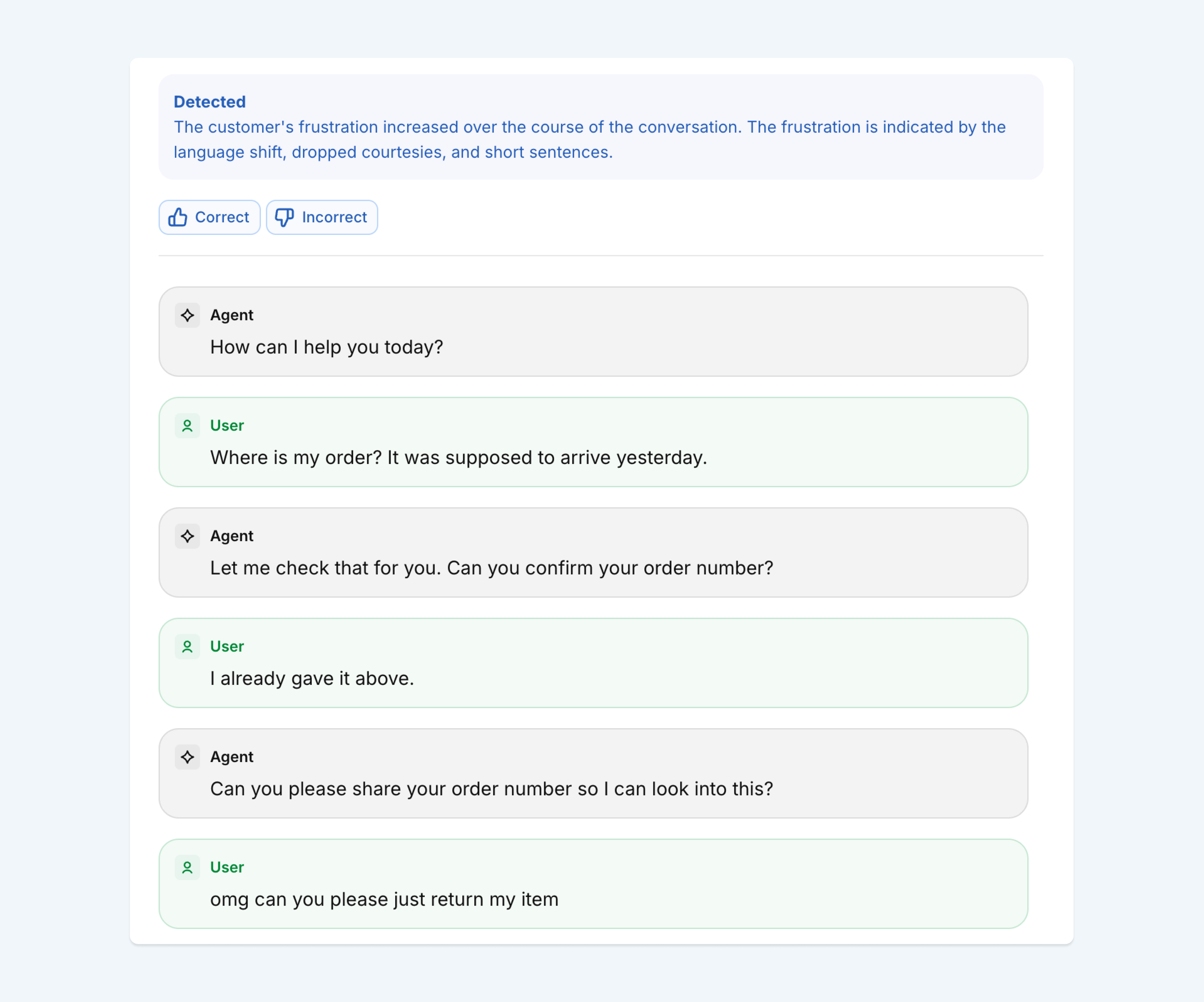 A customer service chat interface where a system detects and highlights increasing user frustration.