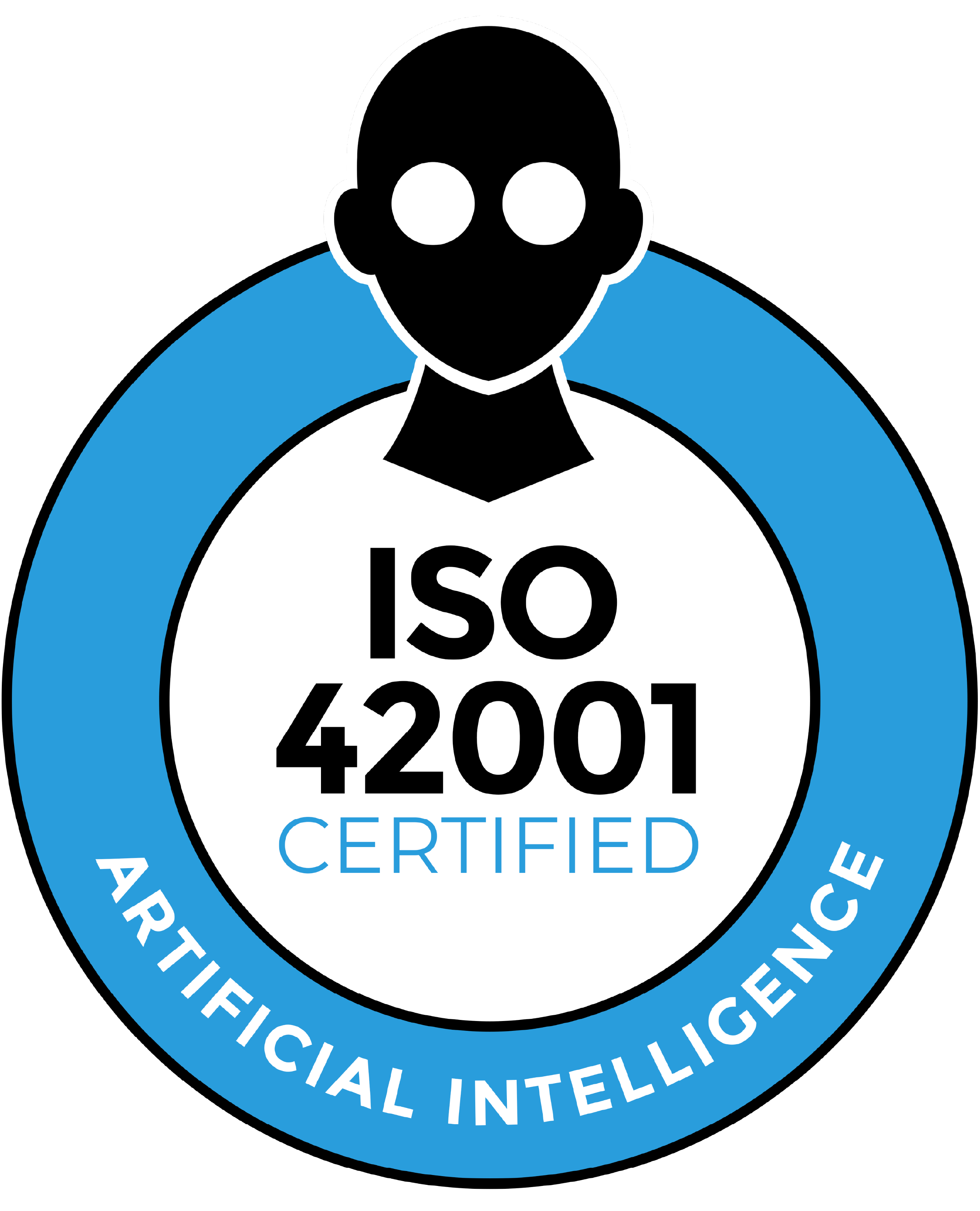 ISO 42001 Artificial Intelligence Certified logo, featuring a stylized human silhouette.