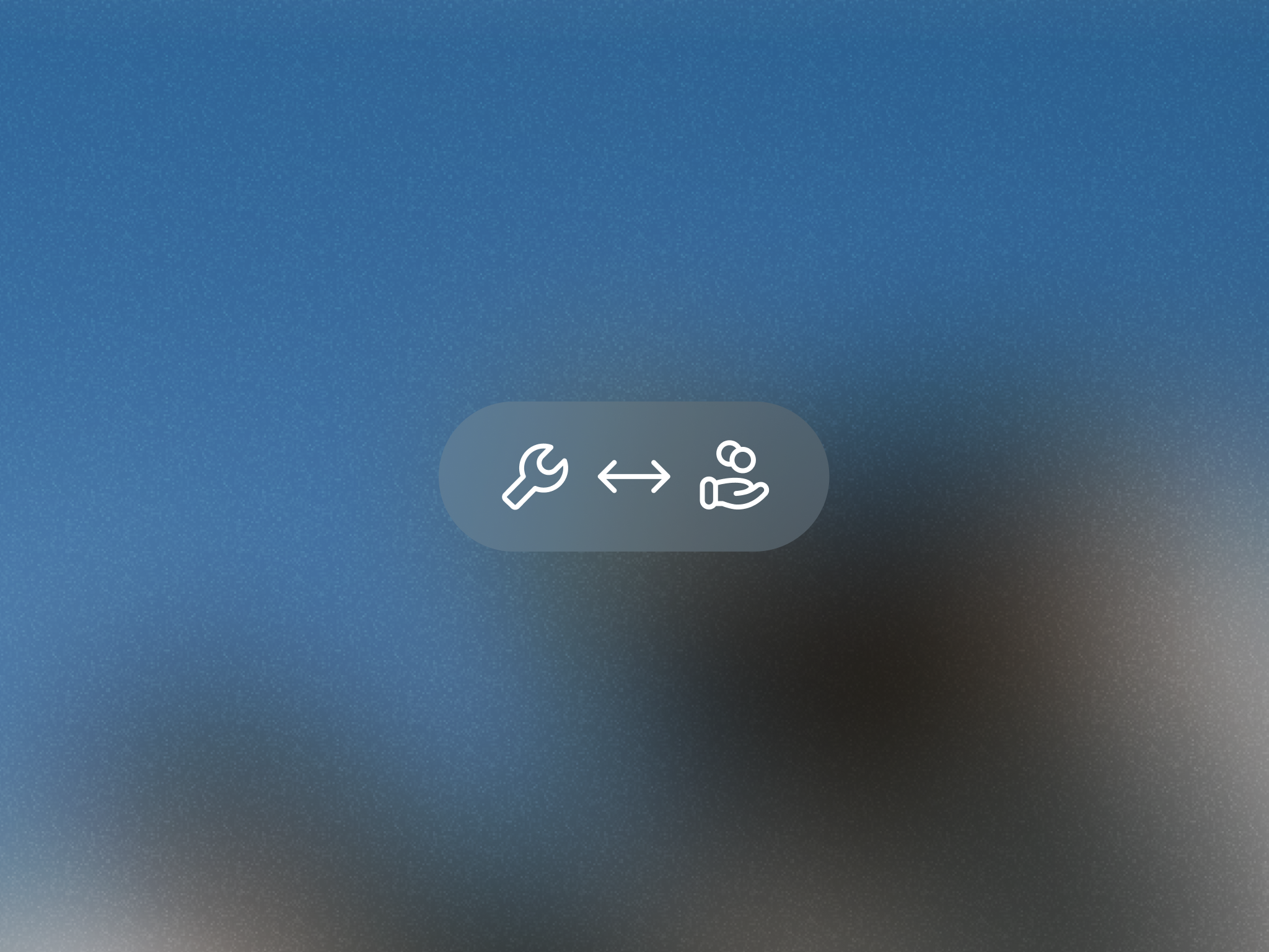 Icon representing the build vs. buy decision: a wrench on the left, a two-coin hand on the right, and a bidirectional arrow between them, over a blurred blue background.