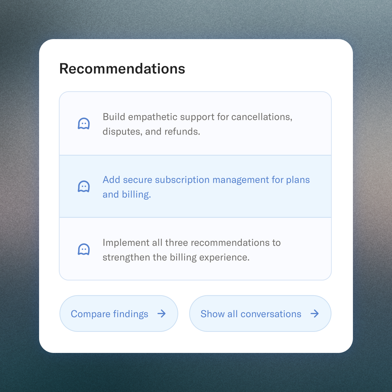 A white card displays 'Recommendations' with three points: 'Build empathetic support for cancellations, disputes, and refunds,' 'Add secure subscription management for plans and billing,' and 'Implement all three recommendations to strengthen the billing experience.' It also has 'Compare findings' and 'Show all conversations' buttons.