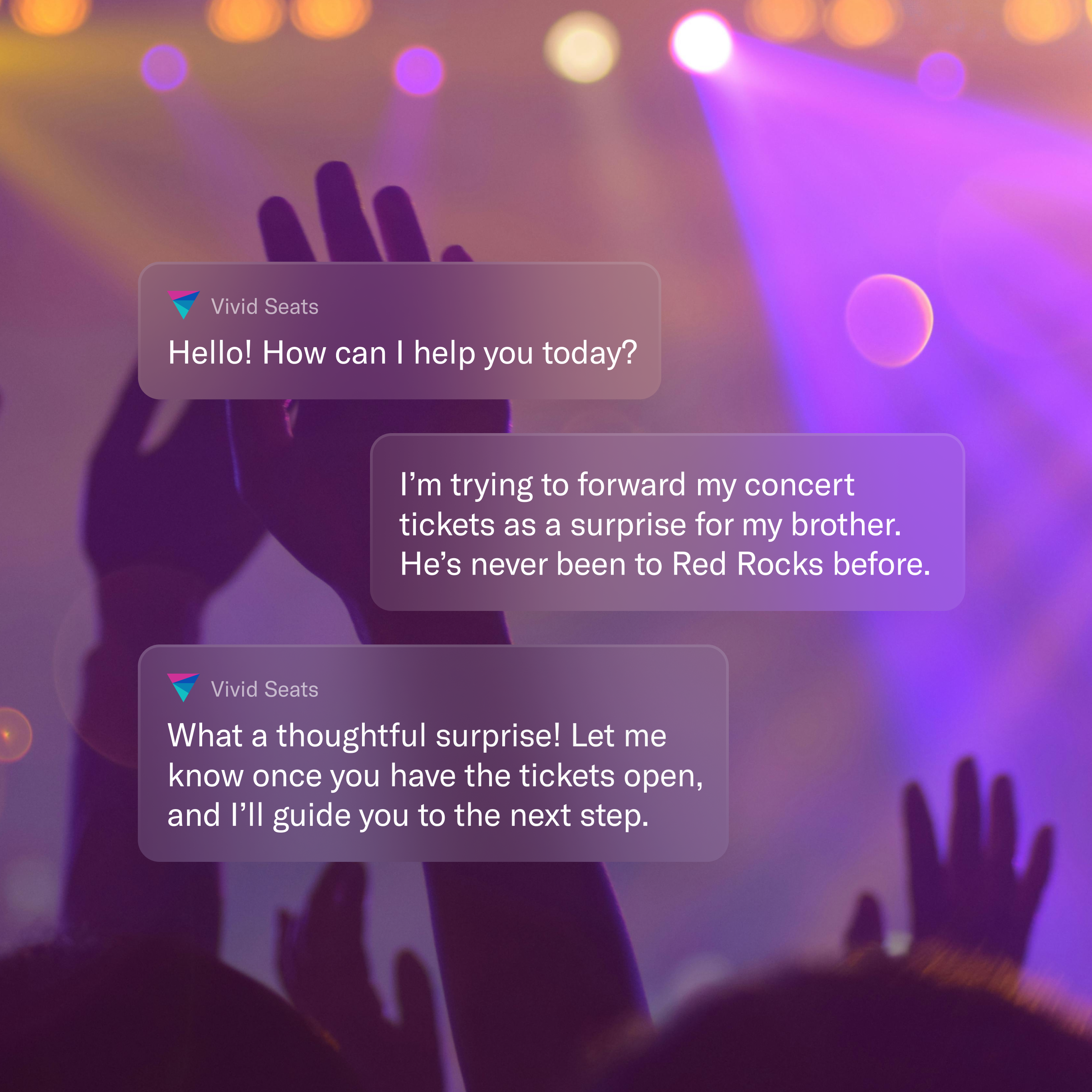 Vivid Seats chat interface over a concert crowd, showing a user asking to forward surprise Red Rocks tickets and support offering help.