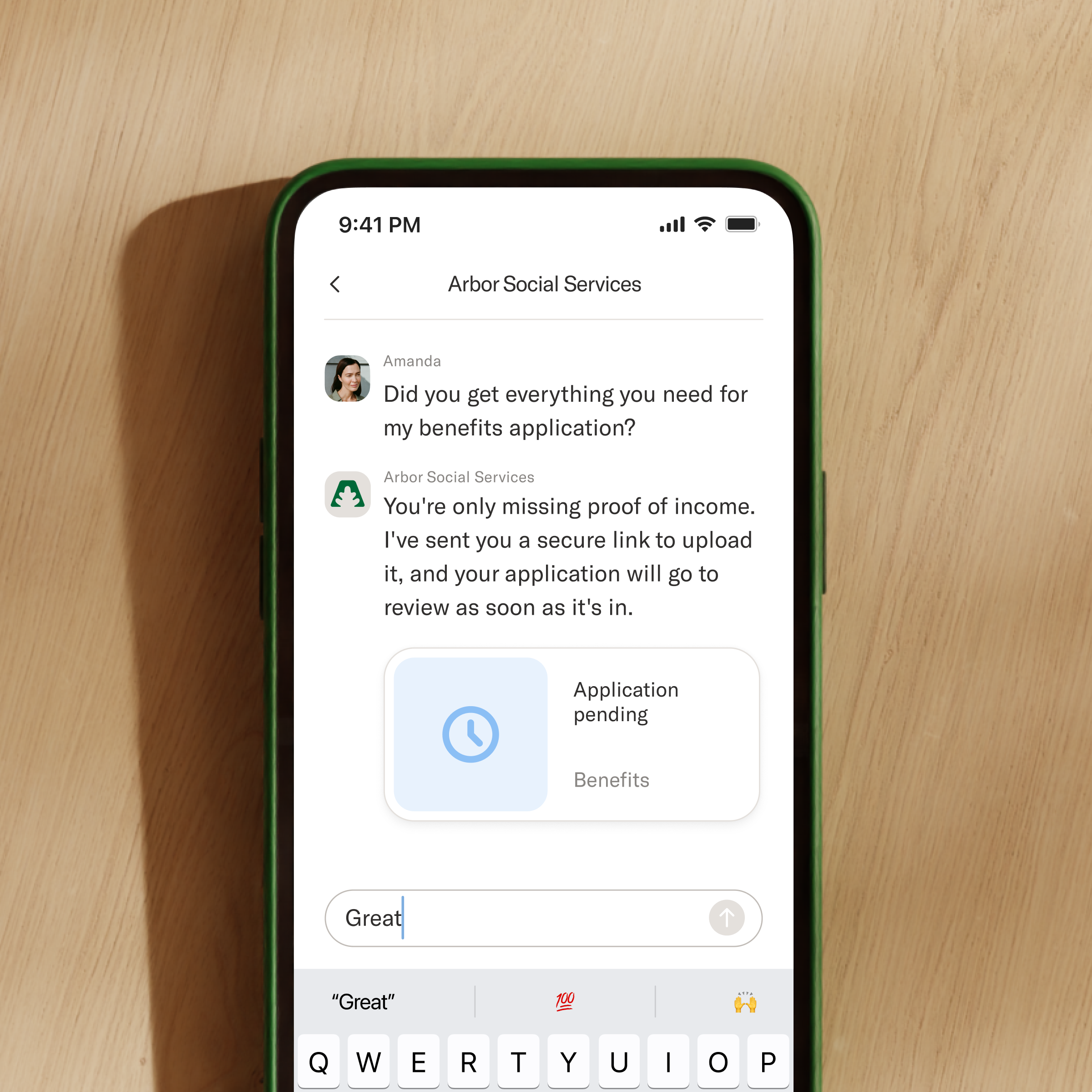 A smartphone screen shows a resident chatting with a social services agency's AI agent to get help with public assistance.