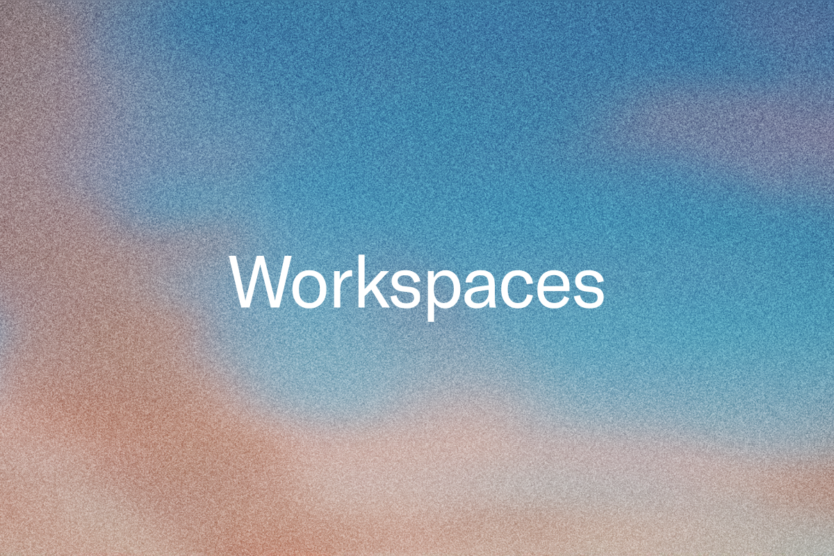 "Workspaces" text on a blue and orange gradient.