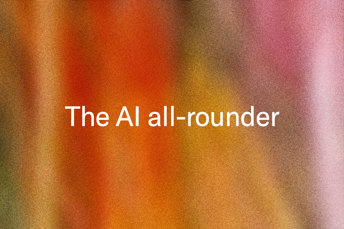 "The AI all-rounder" text on a warm, grainy gradient background.