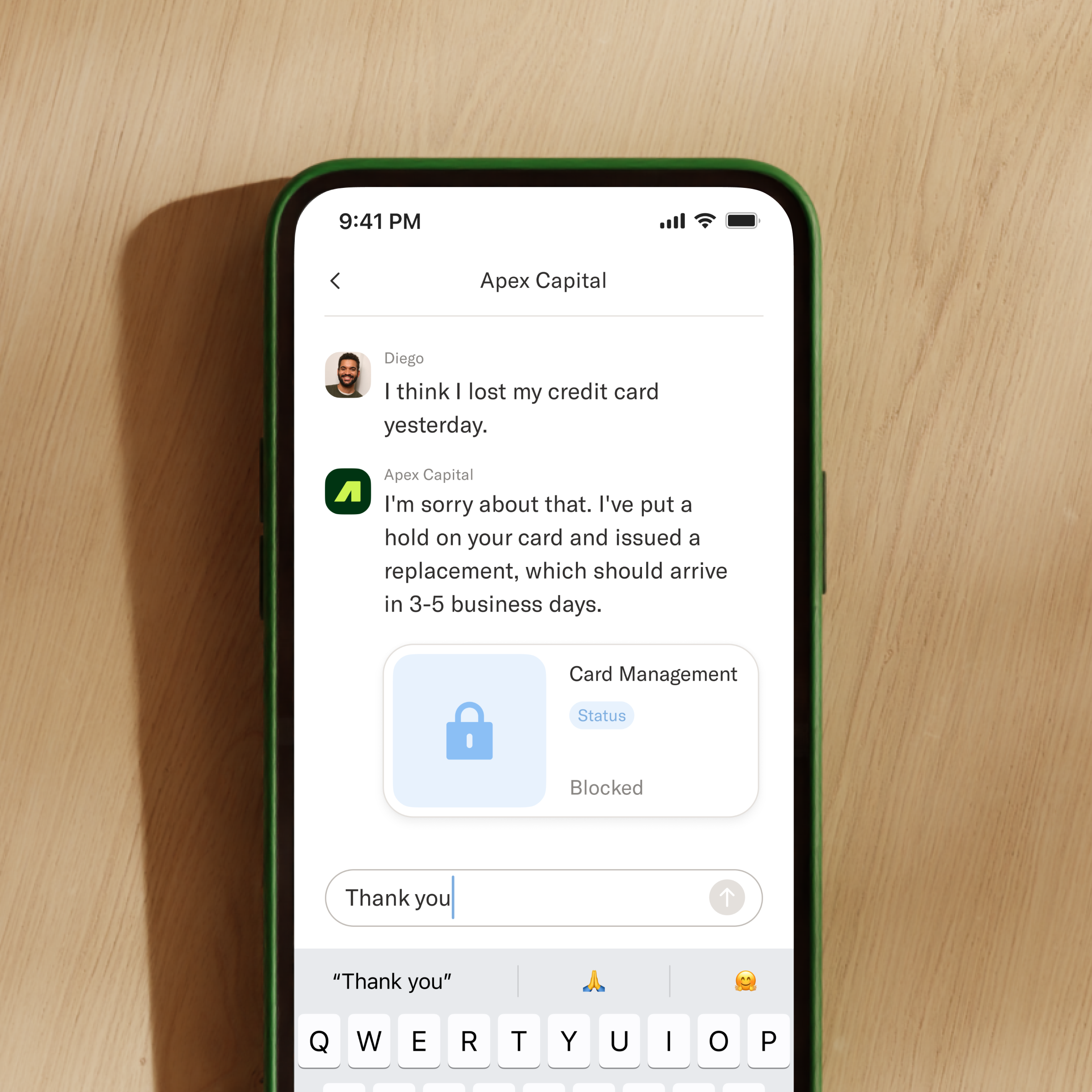 A smartphone screen shows a customer service chat where a user reports a lost credit card, and the agent confirms it has been blocked and a replacement issued.