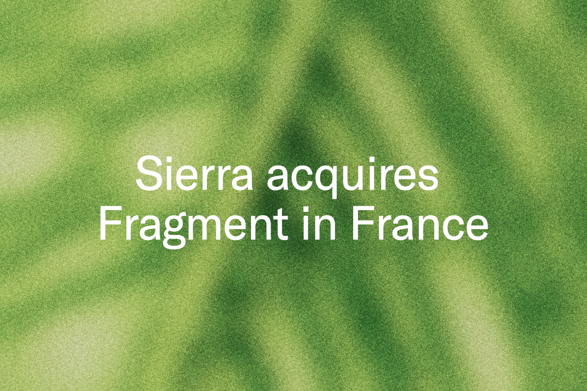 Text: Sierra acquires Fragment in France, over an abstract green background